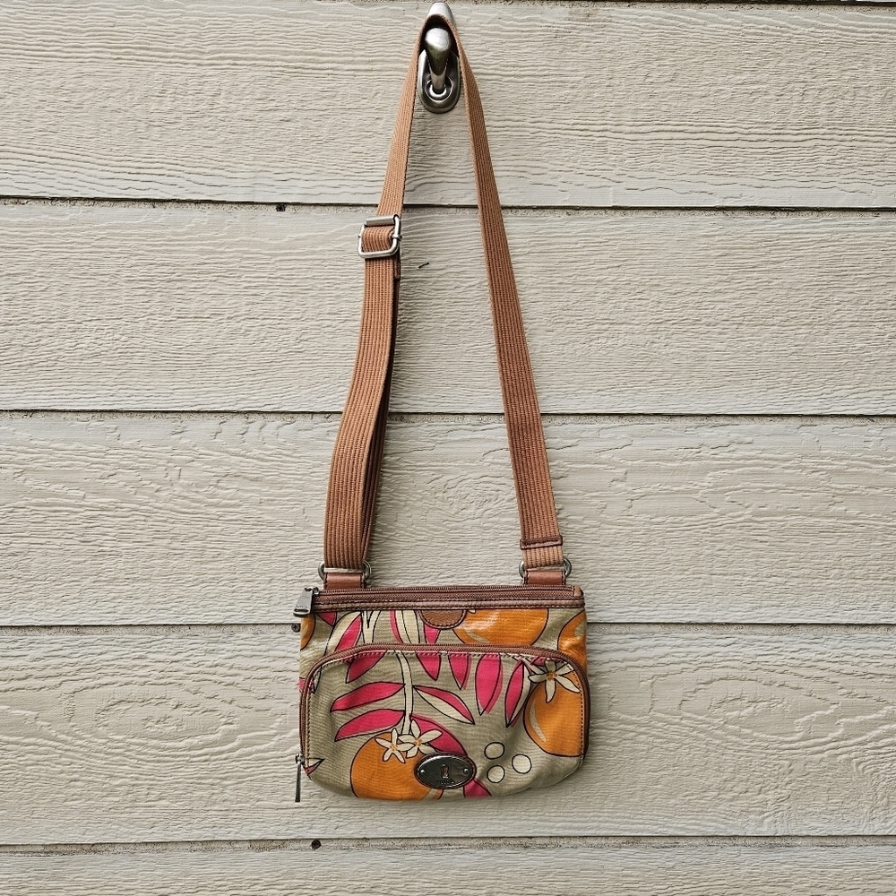Fossil Key-Per coated canvas crossbody bag pink leaves orange fruit
